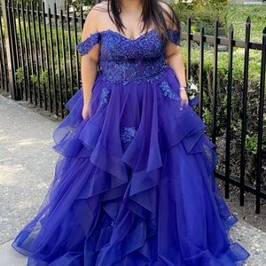 Camille La Vie Vibrant Blue Off-Shoulder Prom Dress